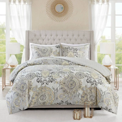 Madison Park 3pc Lian Cotton Floral Printed Reversible Duvet Cover Set 2 Madison Park 3pc Lian Cotton Floral Printed Reversible Duvet Cover Set - Image 2