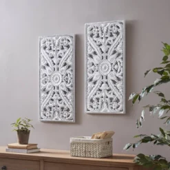 (Set Of 2) 15.5" X 31.5" Botanical Wood Carved Wall Panel White -Madison Park GUEST 53613693 7e9c 4ebb b141 5637a0c3d8c3