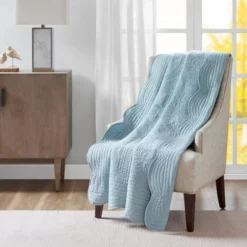 Madison Park Marino Quilted Throw Blanket With Scallop Edges: Microfiber, Farmhouse Style, Machine Washable