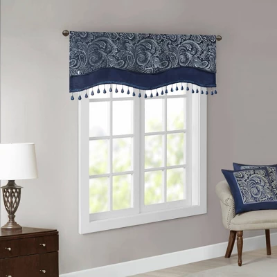 50"x18" Valerie Jacquard Room Darkening Window Curtain Panel With Beads Navy 1 50"x18" Valerie Jacquard Room Darkening Window Curtain Panel With Beads Navy