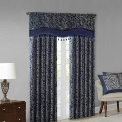 50"x18" Valerie Jacquard Room Darkening Window Curtain Panel With Beads Navy 11 50"x18" Valerie Jacquard Room Darkening Window Curtain Panel With Beads Navy -Madison Park GUEST d9b6dd11 d611 47f6 92db cdd27e4c9308