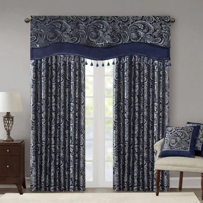 50"x18" Valerie Jacquard Room Darkening Window Curtain Panel With Beads Navy 5 50"x18" Valerie Jacquard Room Darkening Window Curtain Panel With Beads Navy - Image 5